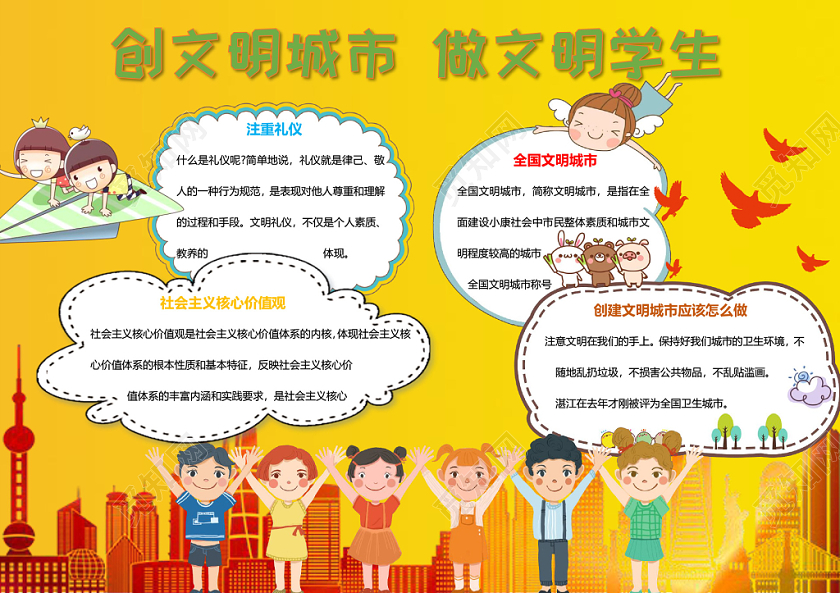 黄色手绘卡通创文明城市小报手抄报word模板