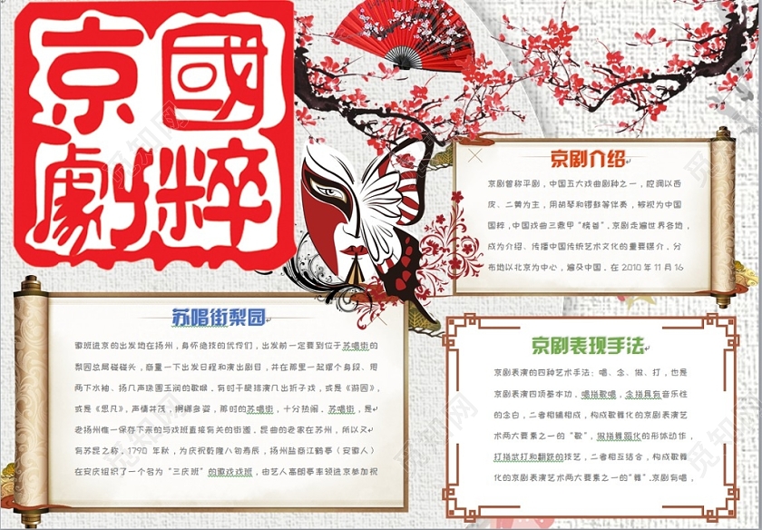 简约大方卡通中国风京剧国粹传统文化手抄报Word模板