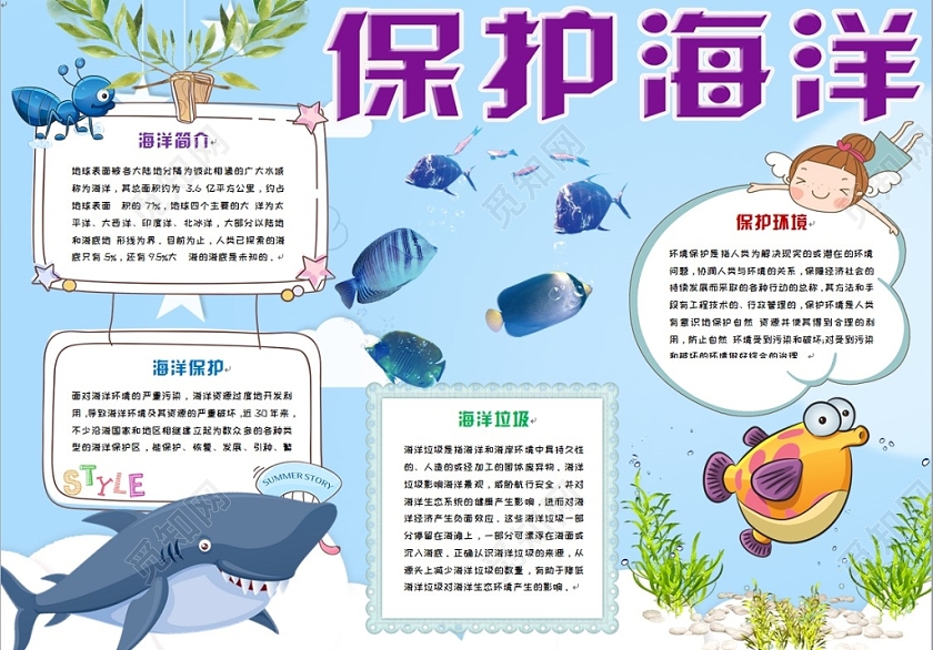 蓝色简约清新卡通儿童保护海洋手抄报Word模板
