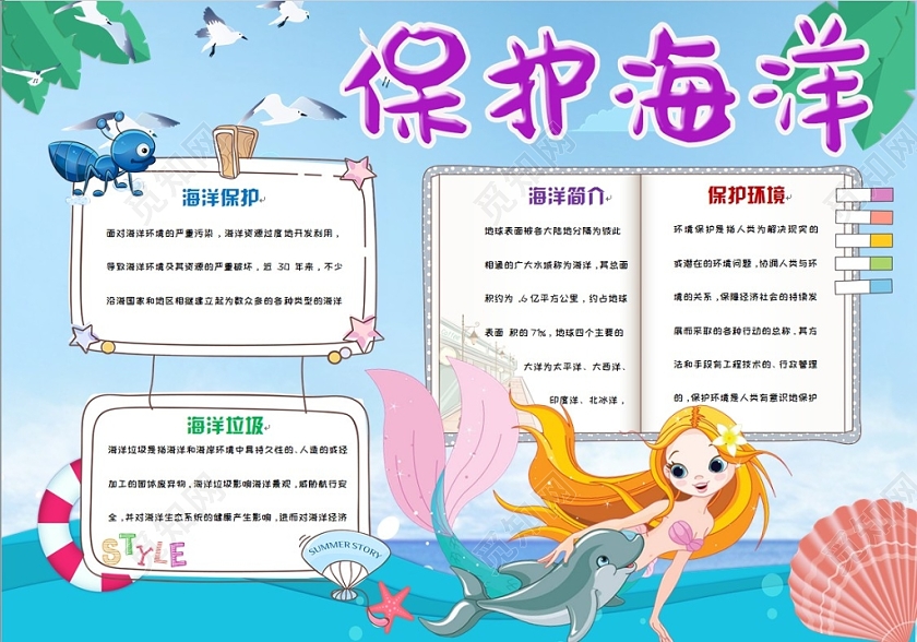 蓝色简约清新卡通保护海洋手抄报Word模板