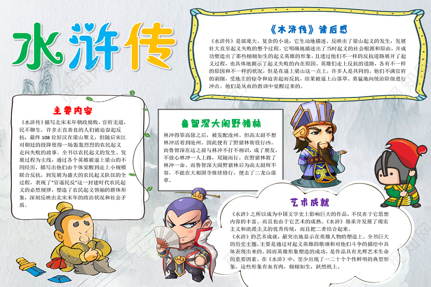 浅灰卡通水浒传读书小报手抄报word模板