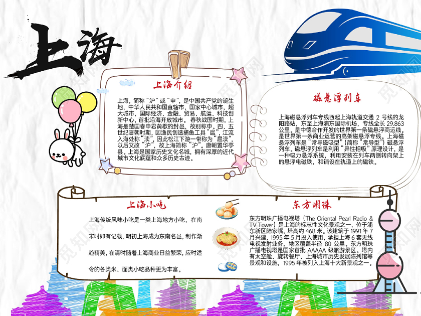 炫彩卡通上海旅游手抄报word模板