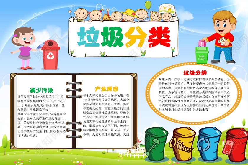 炫彩卡通垃圾分类小报手抄报word模板