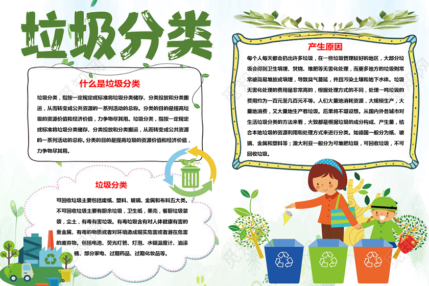 浅绿卡通垃圾分类小报手抄报word模板