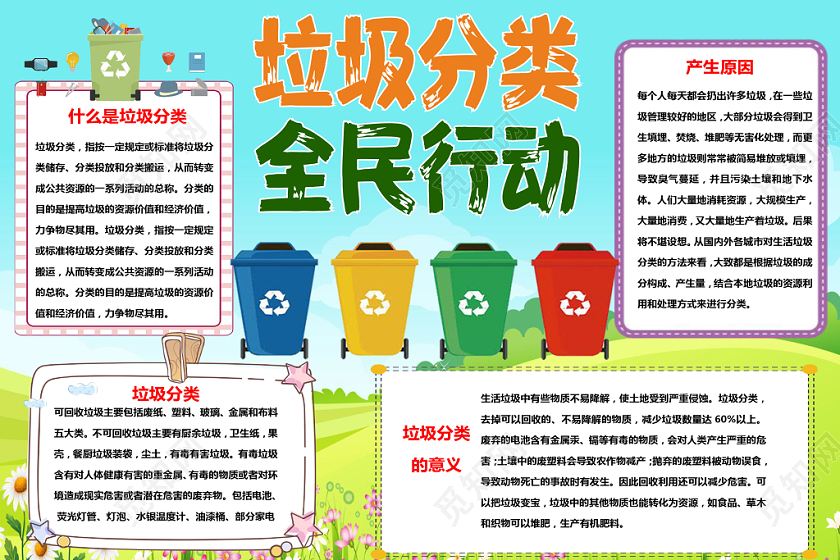 蓝色卡通垃圾分类全民行动垃圾分类小报手抄报word模板