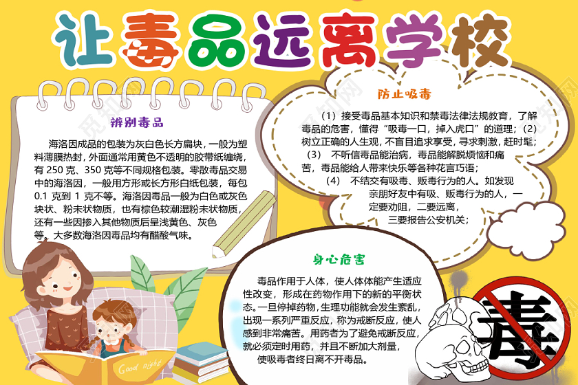 黄色卡通让毒品远离学校手抄报word模板