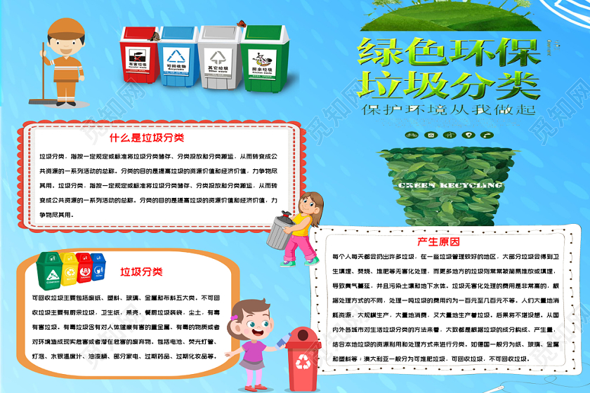 蓝色自然绿色环保垃圾分类手抄报小报word模板