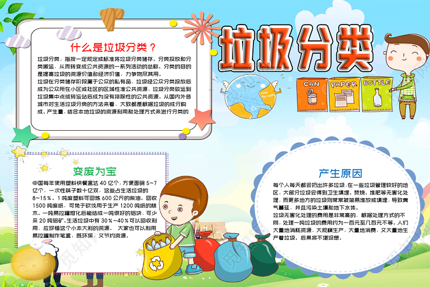 绿色卡通垃圾分类word手抄报小报模板