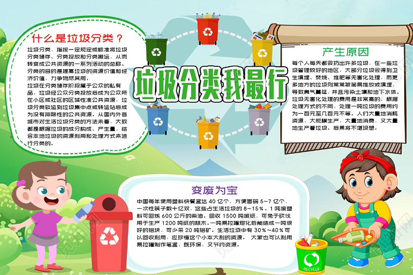 蓝色卡通风垃圾分类我最棒word手抄报小报模板