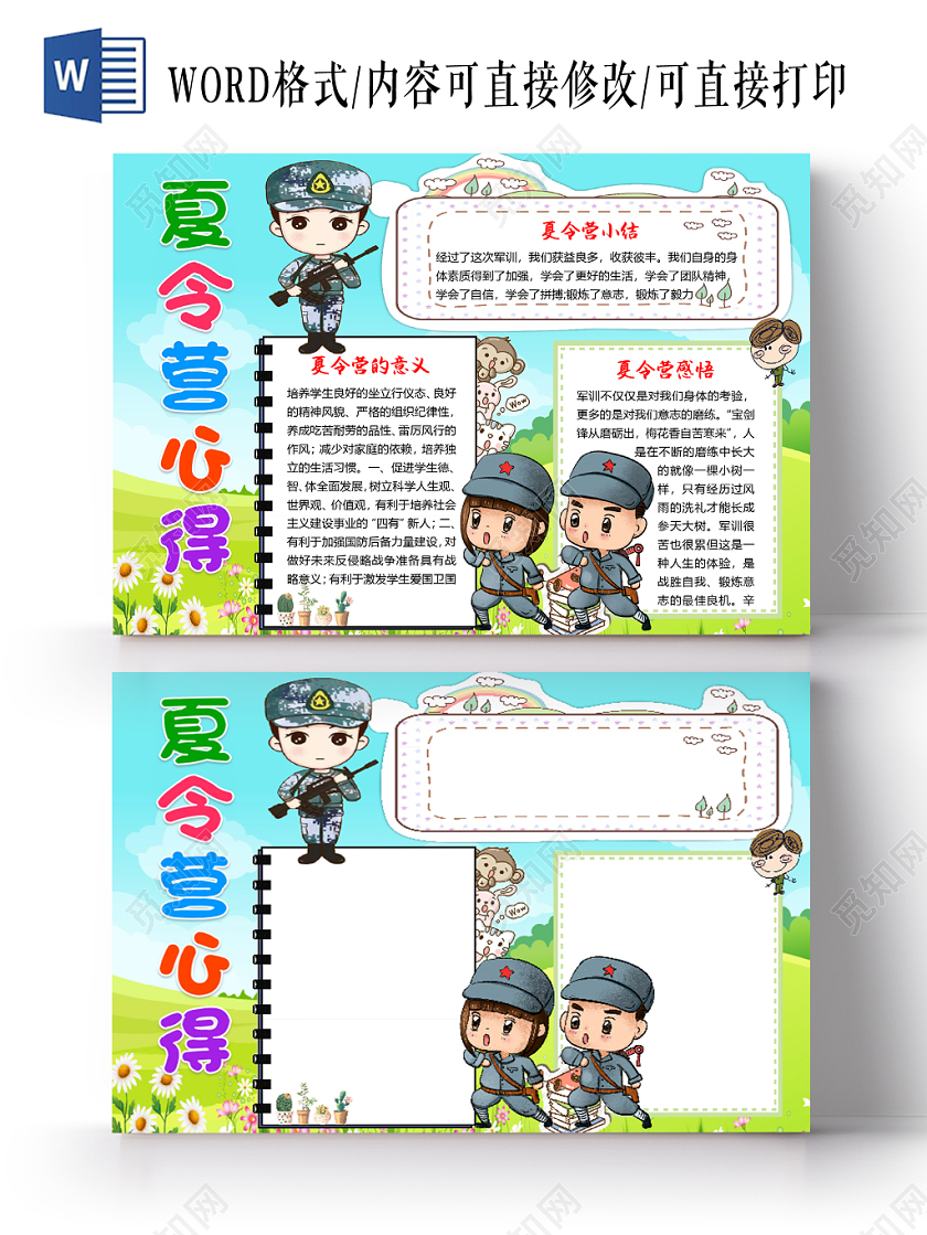 蓝色卡通儿童军人夏令营心得手抄报word模板