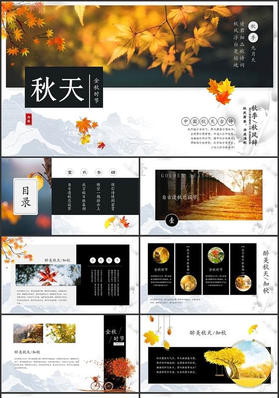 金色大气古典秋天秋季节气ppt模板