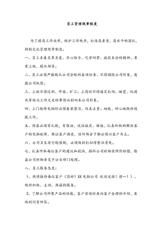 小型电脑公司规章制度Word模板