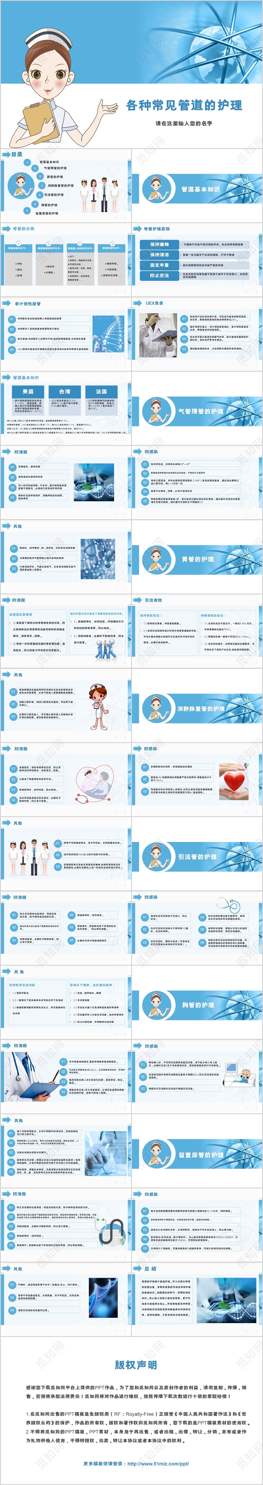 蓝色简约医疗各种常见管道的护理培训课件PPT动态模板