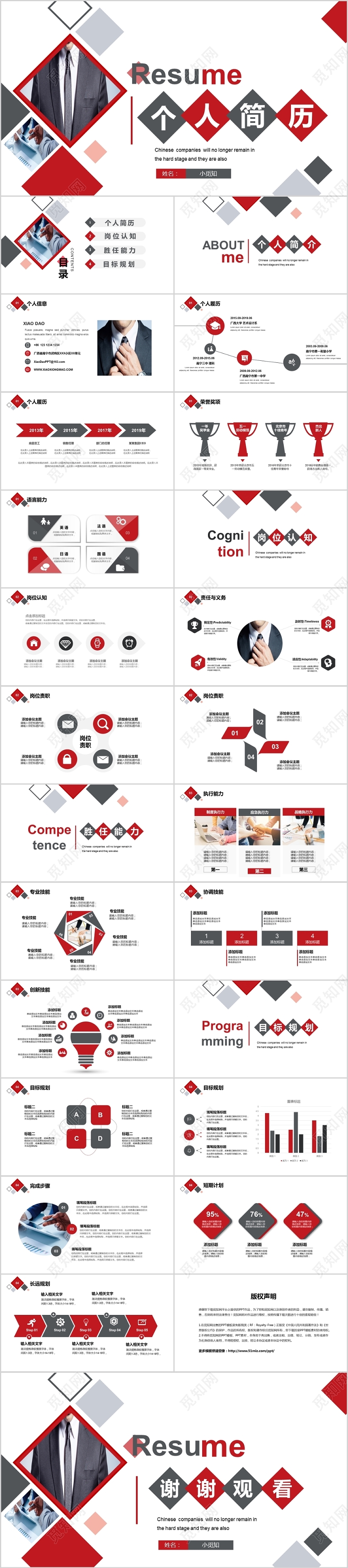 红灰简约岗位竞聘面试应聘个人简历PPT