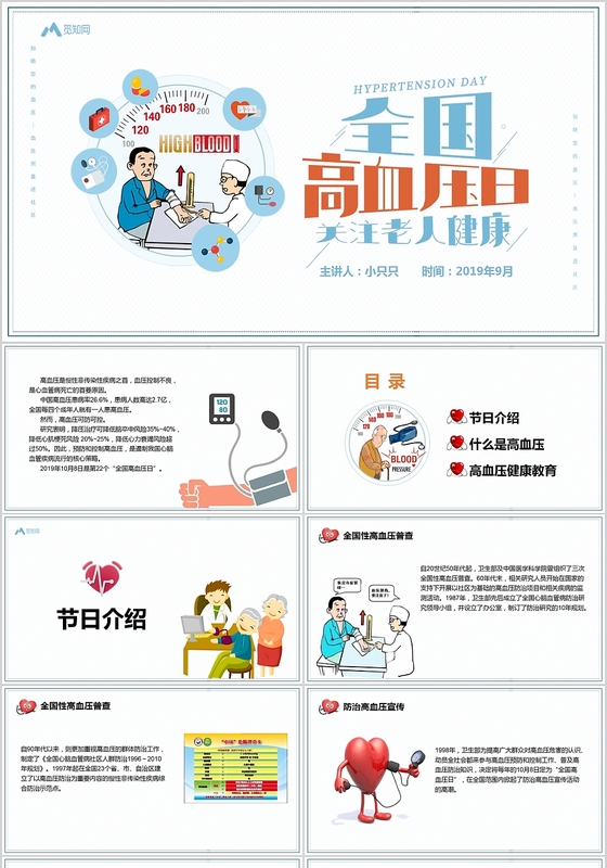 温馨儿童卡通全国高血压日关爱老人主题PPT模板