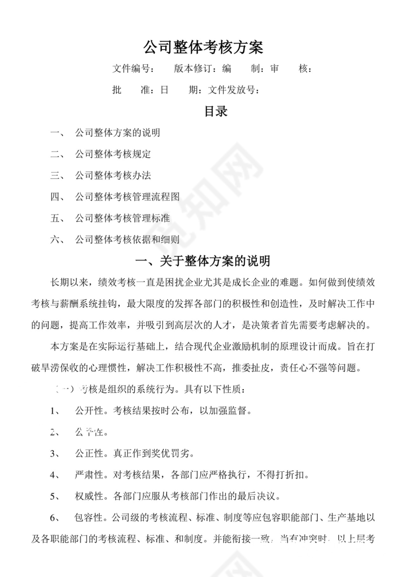 蓝色简约大方公司整体考核方案word模板