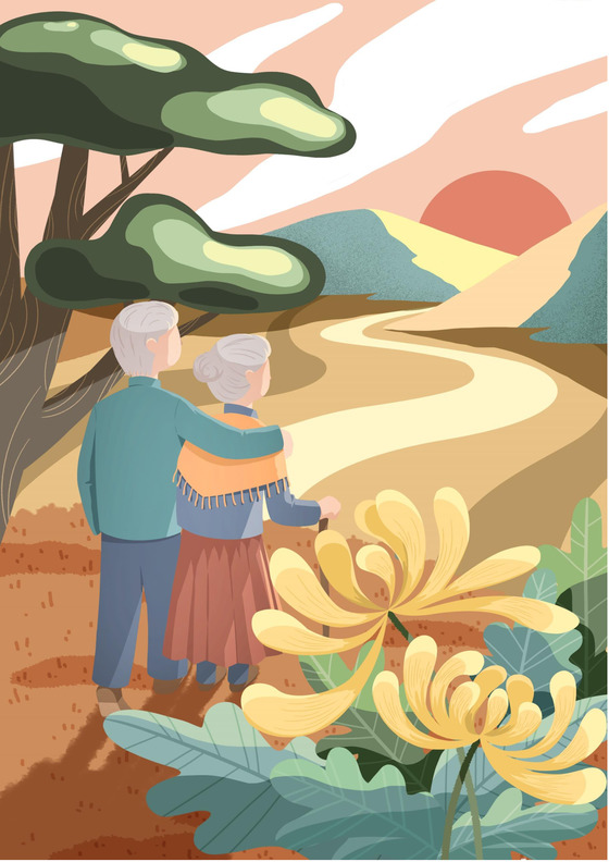 彩色手绘油画人物菊花夕阳重阳节信纸word模板