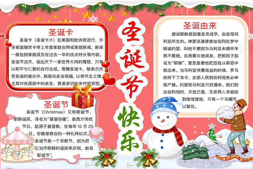 红色可爱圣诞节快乐节日手抄报word模板