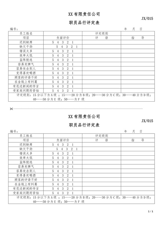 简约正式公司部门职员员工品行评定表评价表word模板
