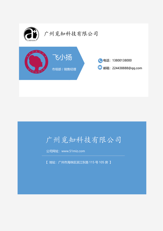 蓝白相间商务简洁风格名片word模板