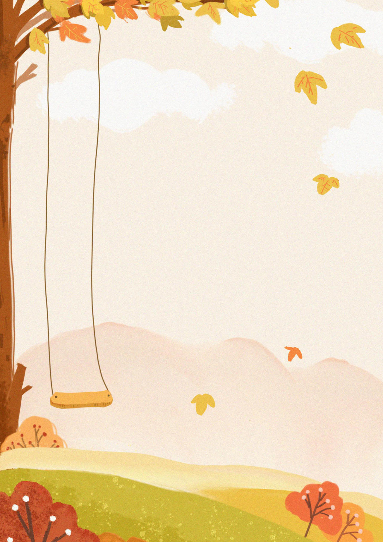 卡通手绘装饰风秋天金黄色落叶秋千信纸word模板
