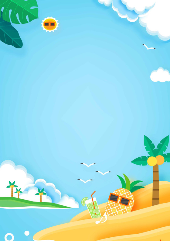 卡通蓝色沙滩风景夏天信纸