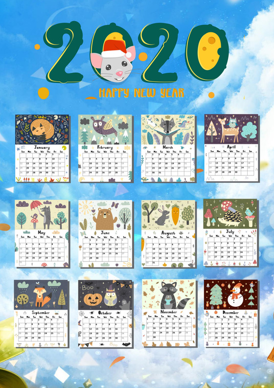 手绘天空蓝天白云背景卡通2020日历word模板