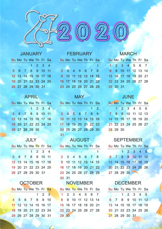 文艺淡雅简约几何水墨夏日背景2020日历word模板