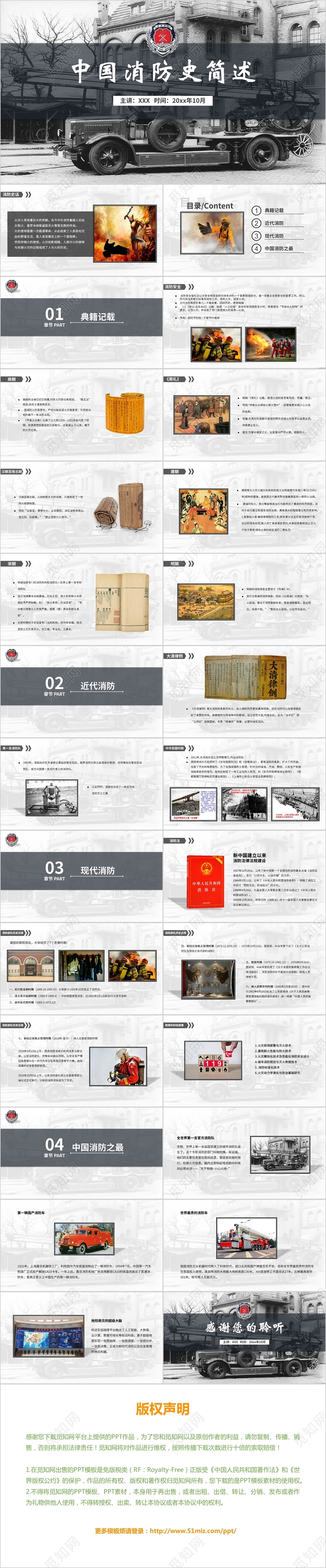 黑色大气现代简约中国消防史简述动态PPT模板