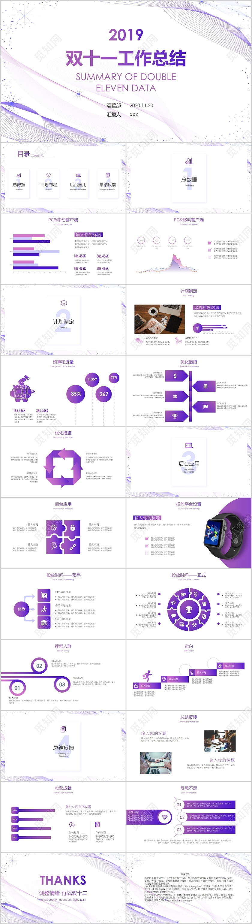 紫色流线渐变线条双十一工作总结数据汇报复盘PPT模板
