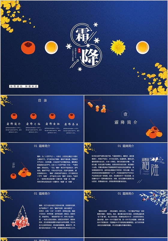 蓝色中国传统二十四节气之霜降节气PPT模板