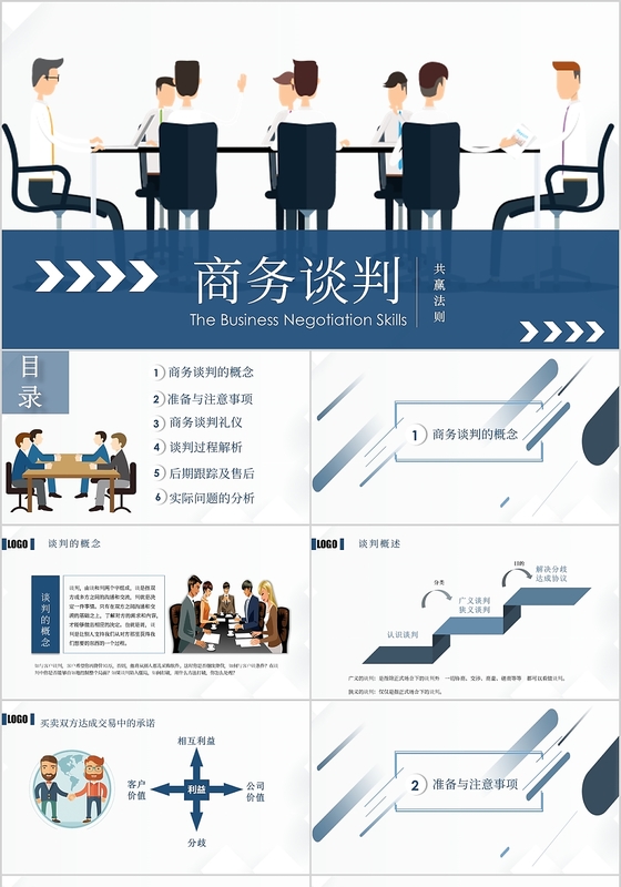 蓝色简约企业商务谈判培训解说汇报动态PPT模板