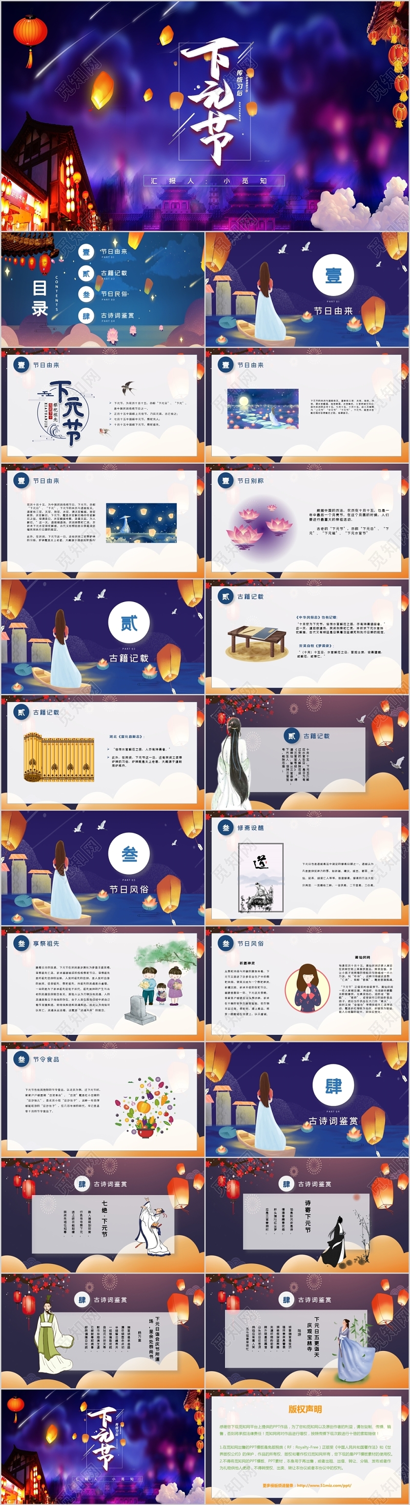 渐变风中国传统节日下元节知识介绍PPT模板