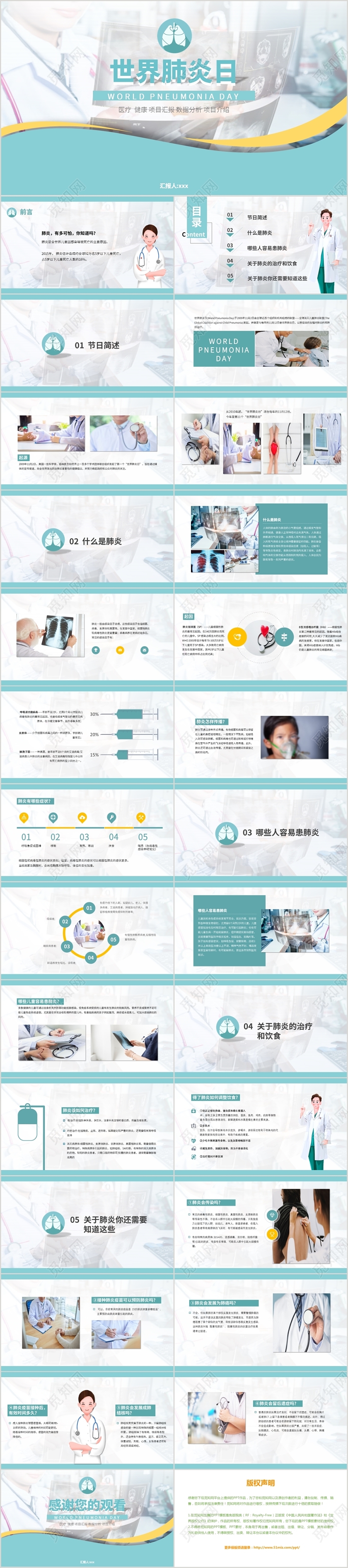 蓝色小清新医疗世界肺炎日动态PPT模板