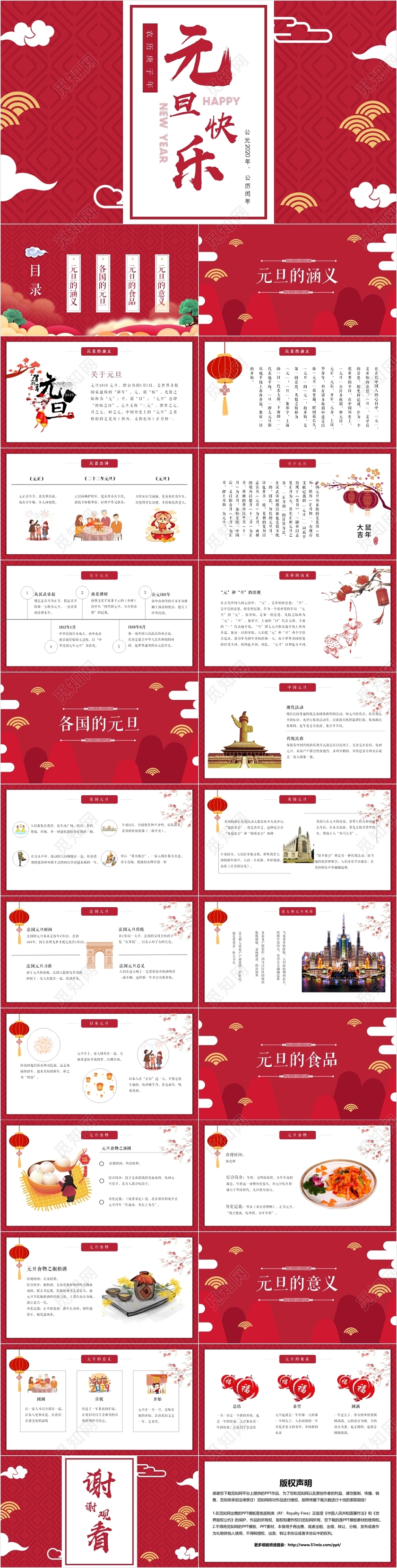 红色中国风元旦习俗介绍PPT模板元旦主题班会PPT模板