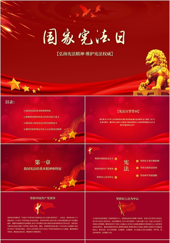 红色简约风格党政党课党家宪法日PPT模板