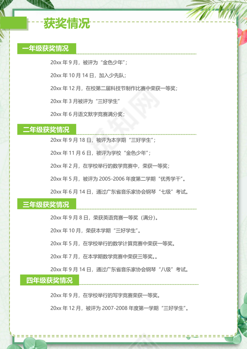 文艺夏季小清新树叶背景小学生小升初简历word模板