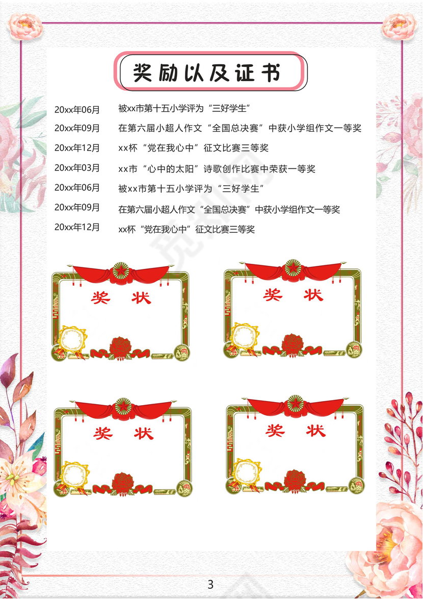 小清新花朵粉色边框白色背景小学生小升初简历word模板