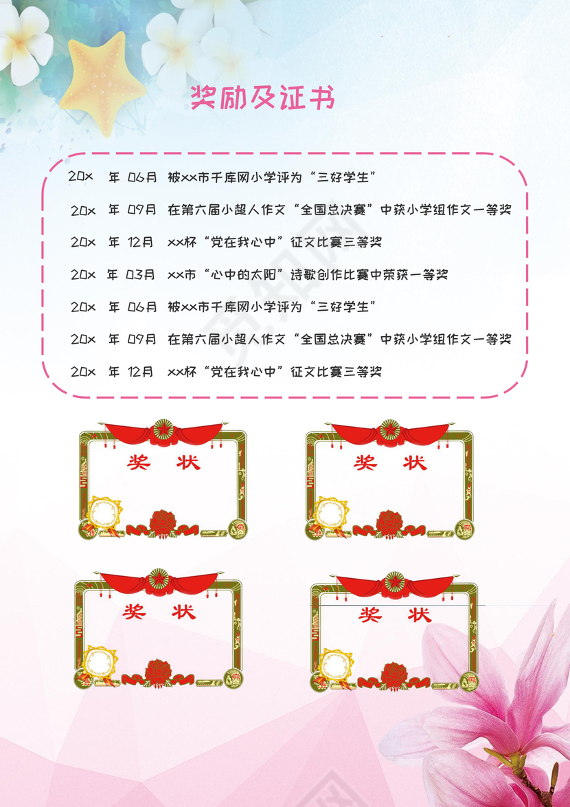 小清新水彩花朵房背景小学生小升初简历word模板