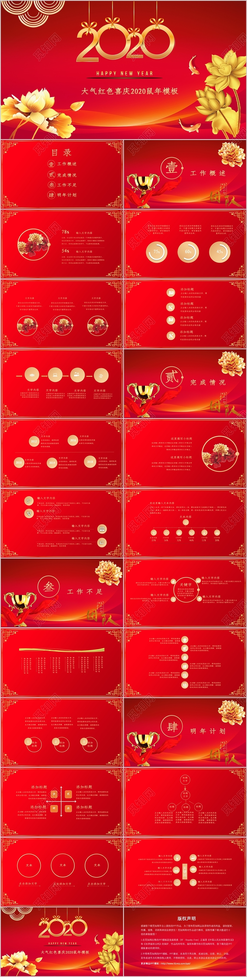 大气简约红色喜庆2020鼠年工作总结PPT模板年会报告