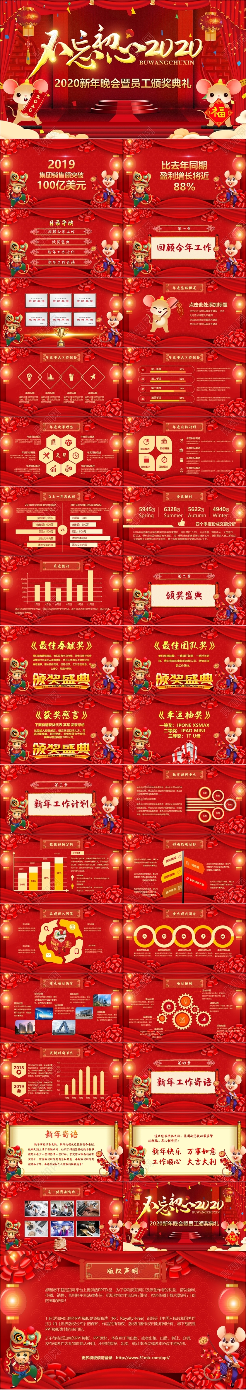 红色中国风不忘初心2020鼠年员工颁奖典礼暨年会PPT模板