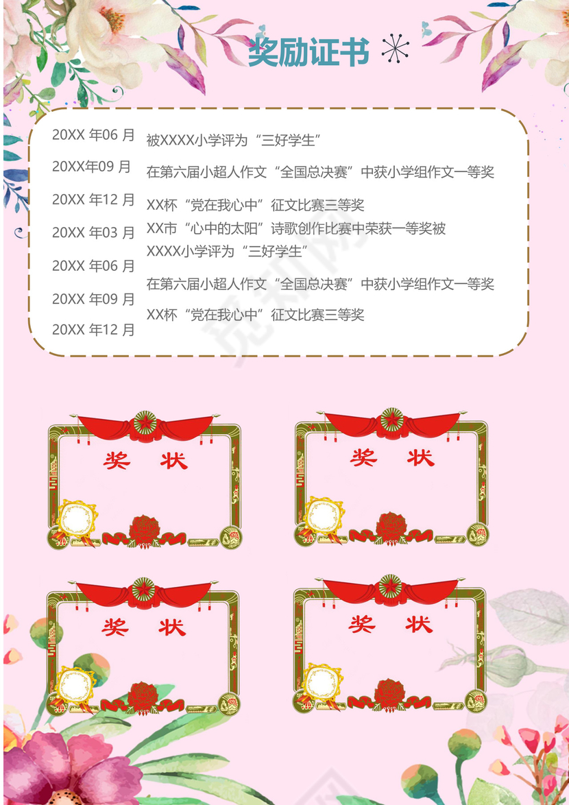 粉色花卉花边边框背景风格小升初简历word简历模板