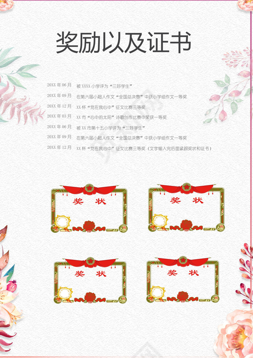 小清新花朵粉色边框白色背景小升初简历word简历模板