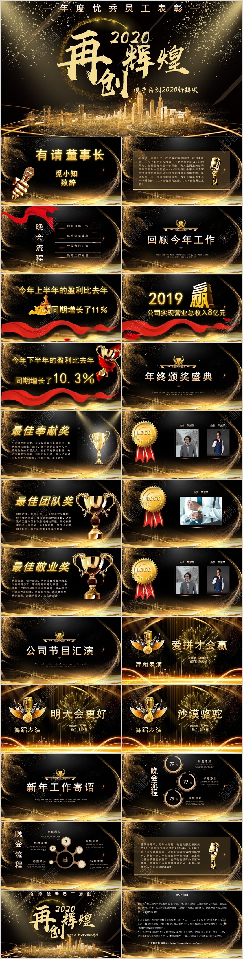 黑金色大气企业通用再创辉煌主题员工表彰年会工作总结PPT模板