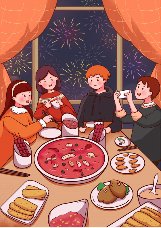 彩色简约红色喜庆卡通新年快乐年夜饭word模板年夜饭海报