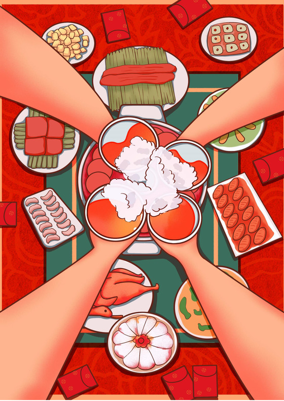 彩色简约红色喜庆卡通新年快乐年夜饭word模板年夜饭海报