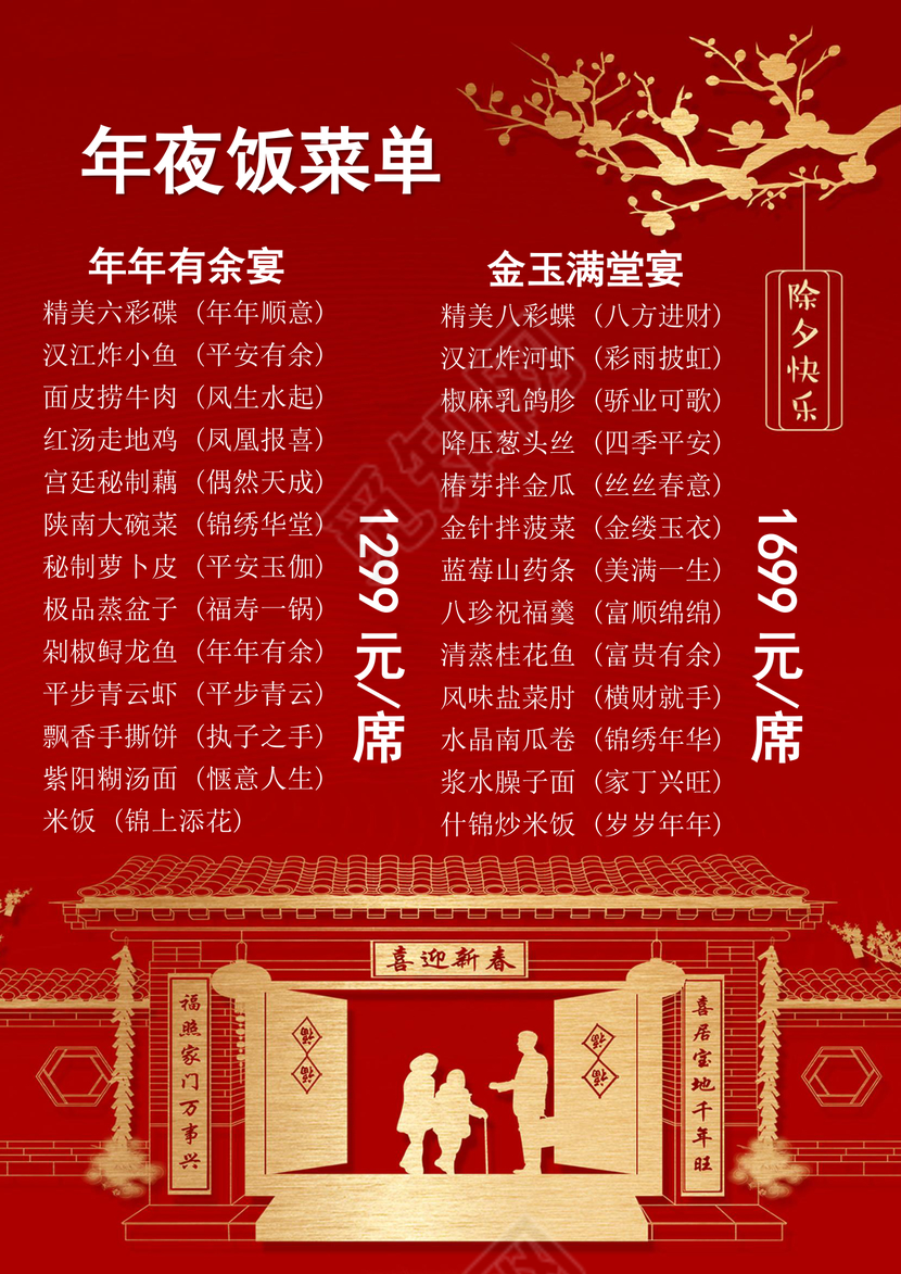 彩色简约红色喜庆卡通新年快乐年夜饭word模板年夜饭海报