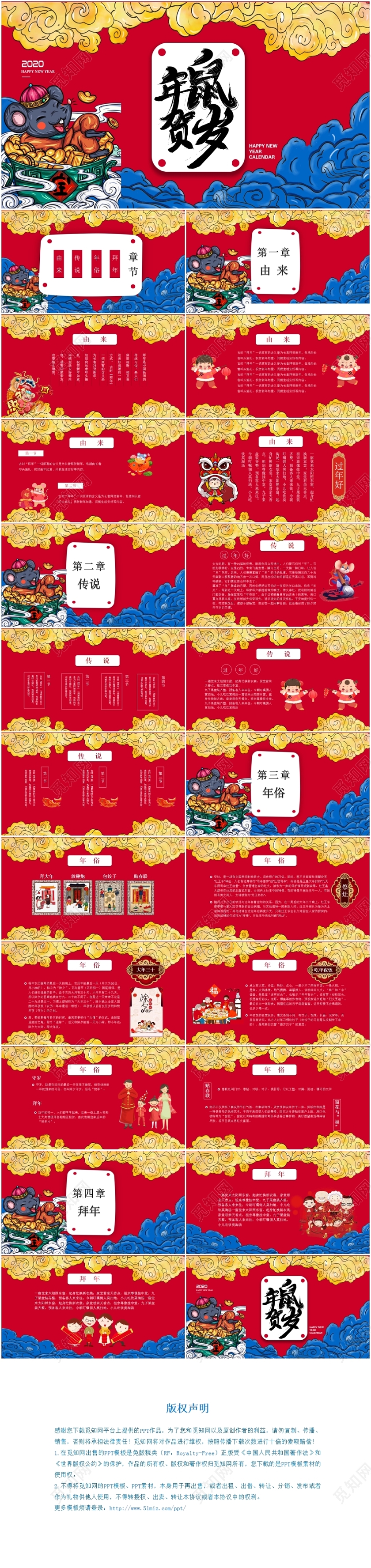 国潮手绘新中式中国风鼠年2020年新年春节年俗宣传讲解PPT