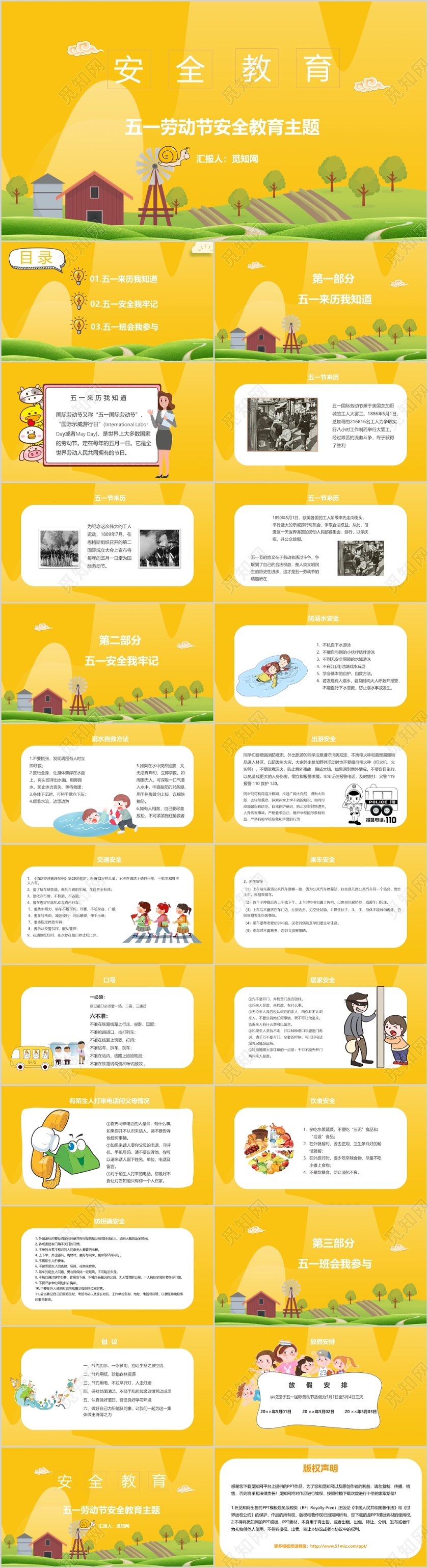 卡通人物五一劳动节安全教育主题PPT模板