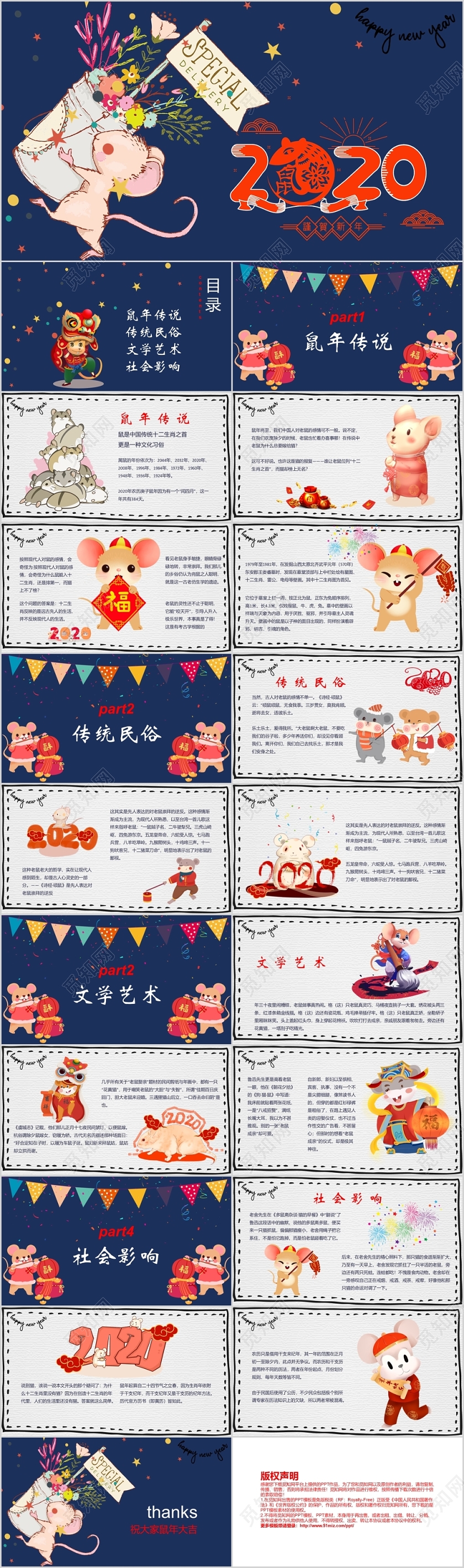 新年蓝色卡通风格鼠年元旦2020介绍ppt